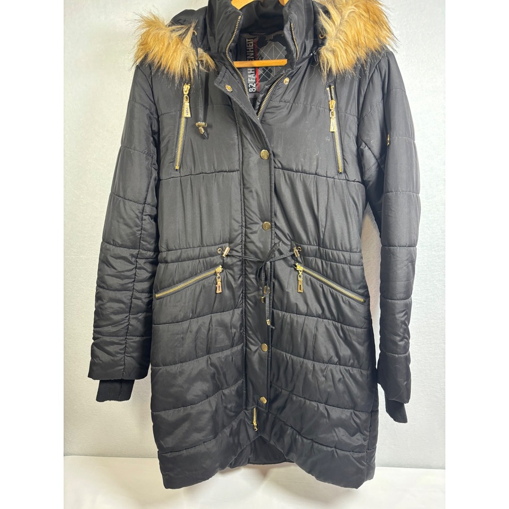 82 Fahrenheit Womens Black Puffer Parka Faux Fur Hood Water Resistant Jacket M